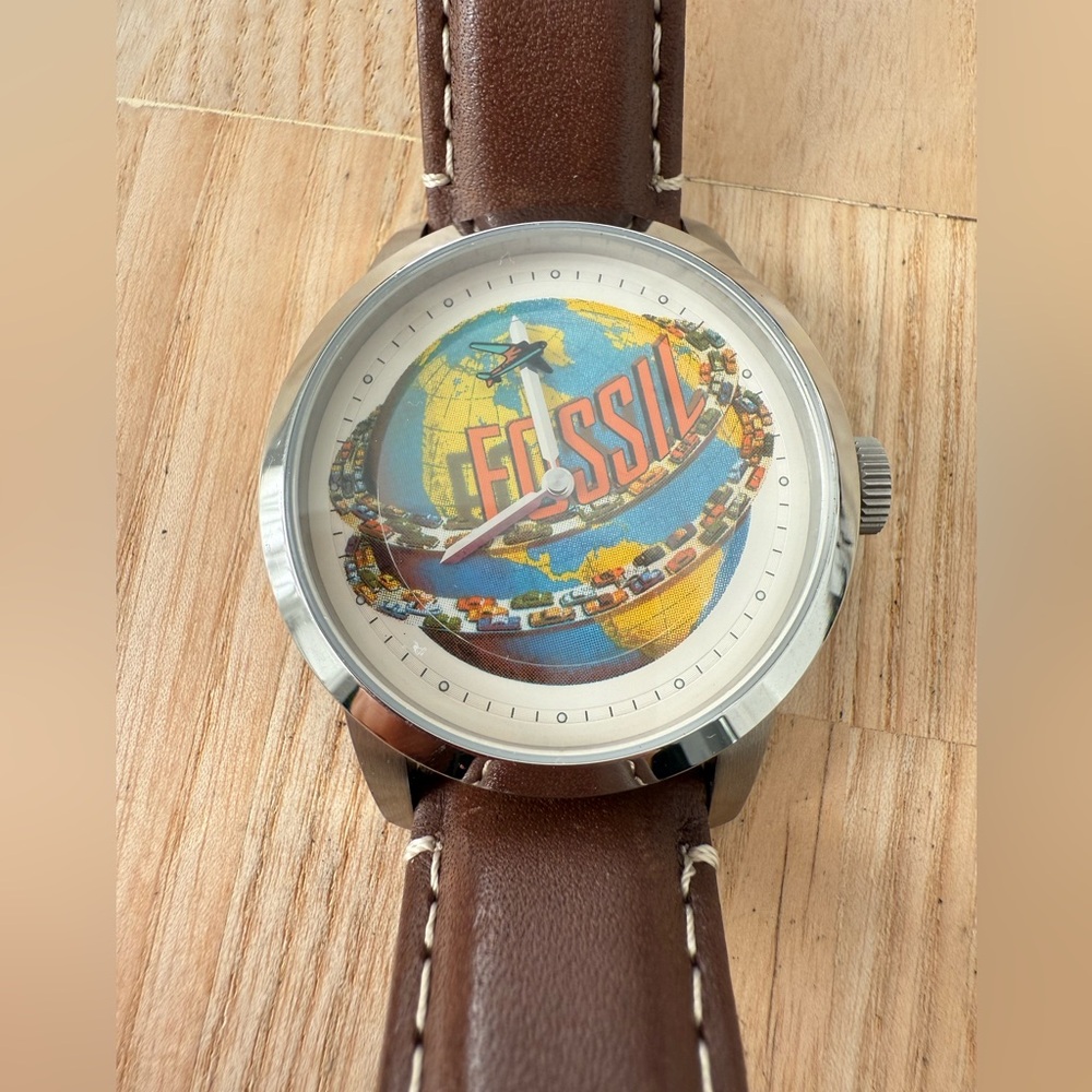 Fossil mens 30th anniversary stainless steel brown leather watch NEW BATTERY